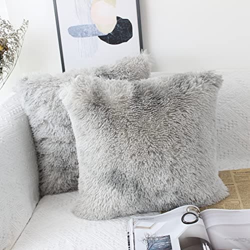 Image of OYIMUA Set of 2 40 x 40cm Faux Fur Fluffy Cushion Covers Soft Throw Pillow Case 16x16 Grey Decorative Square Plush Pillowcase for Livingroom Sofa Bedroom
