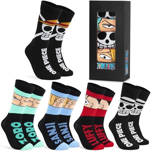 Image of One Piece Socks for Men & Teens, 5 Pack Calf Length Luffy Funny Socks, Soft Breathable Work Sports Casual, Anime Gifts for Men (7/11 UK, Black)