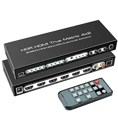 Image of befen HDMI Matrix, HDMI 4K Matrix Switch Splitter 8K 60HZ hdmi 2.1 matrix 4X2 Switcher 4 in 2 Out 4K 120HZ with Remote Support 48Gbps HDR10 HDCP2.3 Dolby Vision Atmos SPDIF 5.1CH ARC