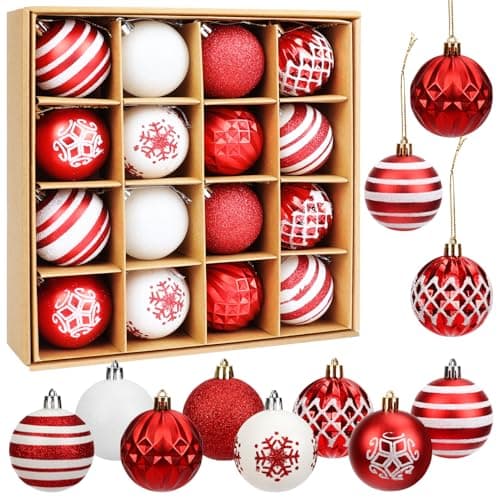 Image of 16Pcs Christmas Baubles, 6CM Tree Decorations Set Christmas Tree Hanging Balls for Holidays Home Xmas Party Decoration (Red and White)