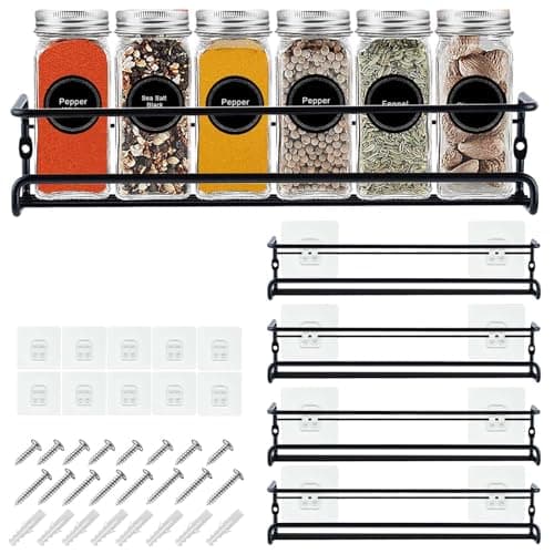 Image of BAORELST Spice racks Organizer 4 Tier Wall Mounted Condiment Holder With Adhesive Sticker and Screws for Kitchen Condiments & Inside Cupboard Spice Organizer Tidy (Black)