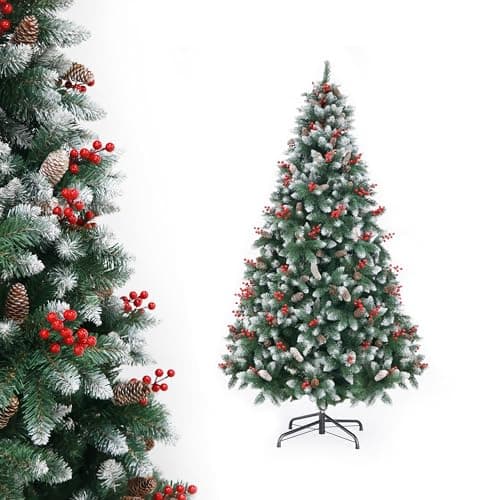 Image of APICIZON Artificial Christmas Tree 180cm with PineCones & Berries, Snowy Flocked Xmas Tree with 750 Branch Tips, Christmas Decorations