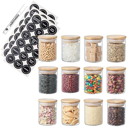 Image of ORNAMI Small Glass Food Jar with Natural Bamboo Lid and Silicone Ring for Airtight Sealing, Little Clear Canister Jar for Kitchen Storage, for Grains, Seeds, Salt, Pepper, Spices - Set of 12 (200ml)