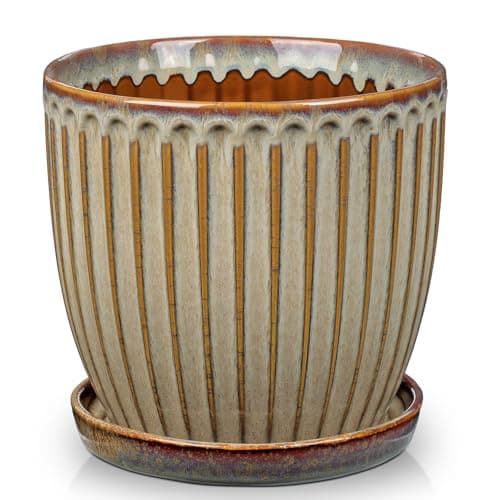 Image of Oairse Ceramic Pots for Indoor Plants, 20CM Pots for Plants Brown Planters with Drainage Holes and Saucers Texture Ceramic Planters Indoor Outdoor for Succulent
