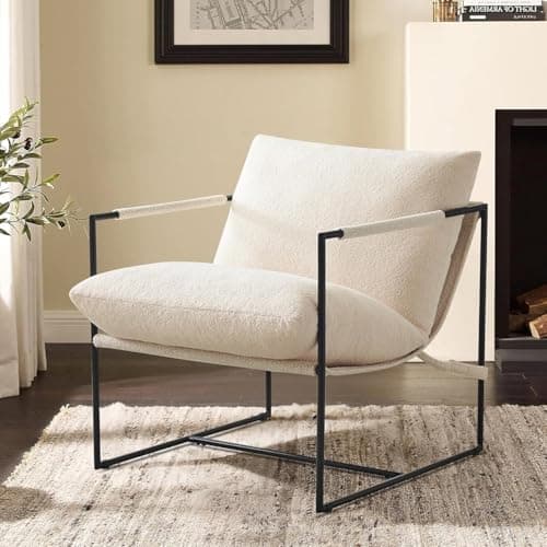 Image of mcc direct Modern Lounge Sling Accent Chair with Metal Frame and Boucle Fabric Ergonomic Cushions Armchair Upholstered Cozy Reading Chair for Living Room, Bedroom, Dressing Room,Office (White) - LUCA