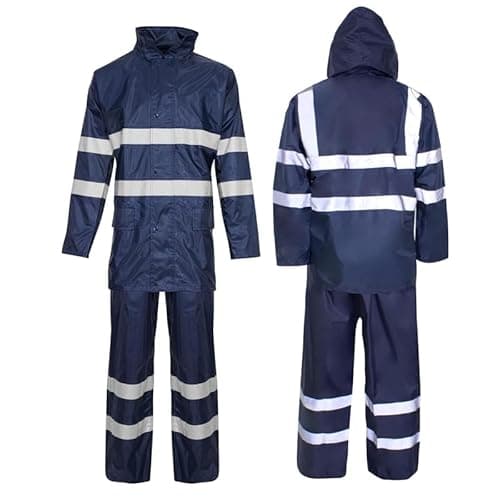 Image of Hi Vis Waterproof Rainsuit 2 Piece Jacket & Trousers Set – High Visibility Workwear Safety Rain Suit Overalls Protective Clothing Outdoor Work Unisex Lightweight Synthetic Waterproof Navy L