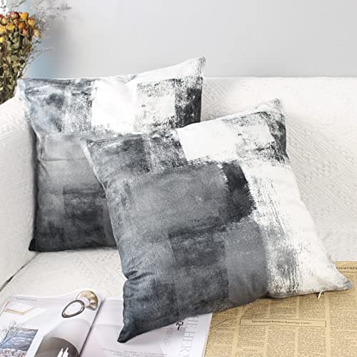 Image of OYIMUA Set of 2 Decorative Velvet Cushion Covers 45 x 45 cm Abstract Art Decor Pillow Case Grey White Cushion Cover 18x18 inches for Outdoor Patio Garden Blench Living Room Sofa Farmhouse Decor