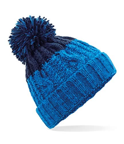 Image of ASVP Shop Corkscrew Cable Knitted Bobble Hat Plain Mens Womens Beanie Warm Winter Pom Wooly Cap (Azure Blue/Oxford Navy)