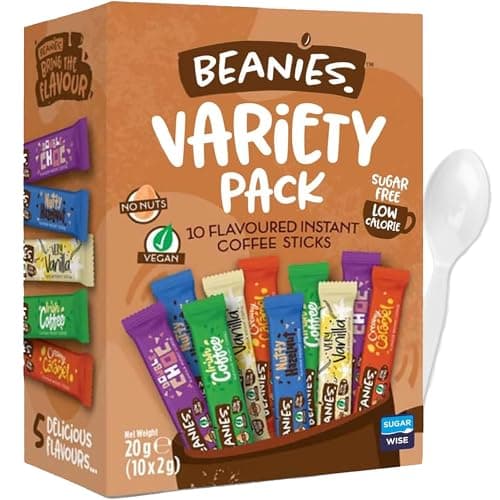 Image of Beanies Coffee Sachets Variety Box Instant Flavoured Coffee 10 Different Flavours Low Calorie - Nutty Hazelnut, Irish Coffee, Creamy Caramel, Very Vanilla, Double Chocolate Beanies Instant Coffee