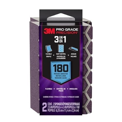 Image of 3M Pro Grade Precision 3-in-1 Sanding Sponge, 180 Grit Medium, 2 Sponges, Washable & Reusable, for Wood, Metal, Drywall, and Paint Prep – Flexible Foam, Contoured, Angled, Flat