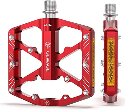Image of GEWAGE Bike Pedals With Reflective Strips, 3 Sealed Bearings Non-Slip CNC Aluminum Bicycle Platform 9/16" Pedals For Road Bike MTB E-Bike. (Red)