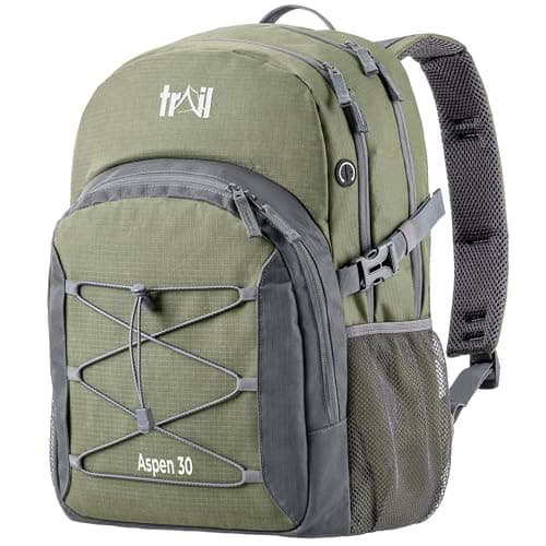 Image of Trail Aspen 30L Day Pack Backpack for School Work Hiking Camping Travelling, Breathable Padded Back & Straps, 3 Zip Compartments, Internal Pockets, Bungee Cords, USB/Headphone Port, Water Resistant