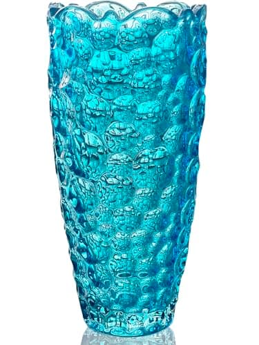 Image of Blue Glass Vase for Flowers, Large Tall Crystal Coloured Flower Vases for Decorations, Birthday Gifts for Women, Modern Personalised for Living Room Home Decor Christmas