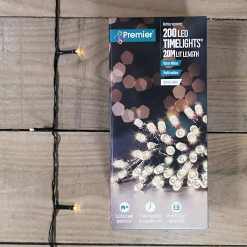 Image of Premier 200 Battery Operated Timelights, 20m Lit Length, Warm White LEDs, Green Cable, Multi-Action with Timer Function, Indoor and Outdoor Use