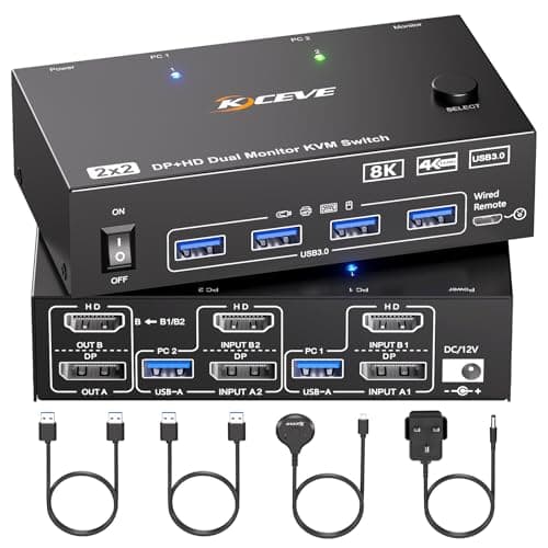 Image of KVM Switch 2 Monitors 2 Computers Displayport HDMI 4K@144Hz, USB3.0 Dual Monitor KVM Switch for 2 Computers Share 2 Monitors and 4 USB Peripherals,Wired Remote 12V Adapter and 2 USB Cable