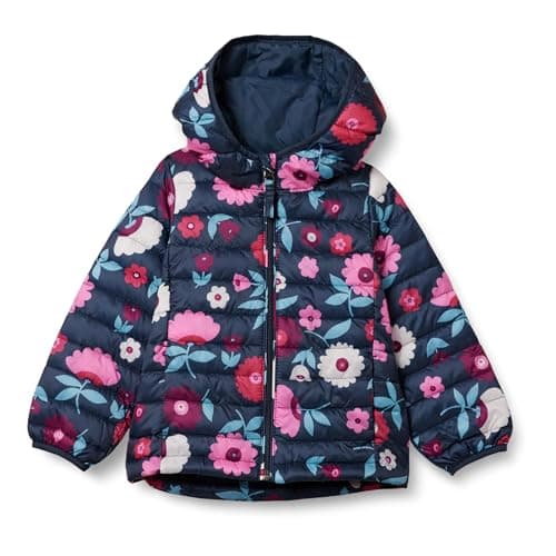Image of Amazon Essentials Girls' Lightweight Water-Resistant Packable Hooded Puffer Jacket, Navy Floral, 2 Years