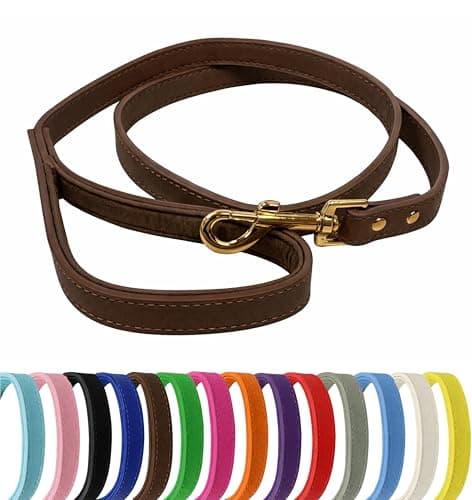 Image of Vibrant Genuine Leather Dog Lead with Soft Neoprene Padded Handle & Metal 360° Swivel Clasp 120cm Leash (Brown, Small (1.5cm Wide))