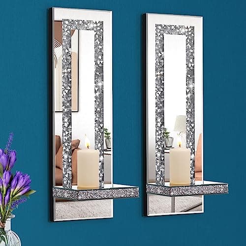 Image of Aeveco Crystal Crush Diamond Mirrored Candle Sconces, Silver Wall Candle Holder Set of 2, Wall Decorations for Living Room，Dining Room (Rectangle Stripe (Style 4))
