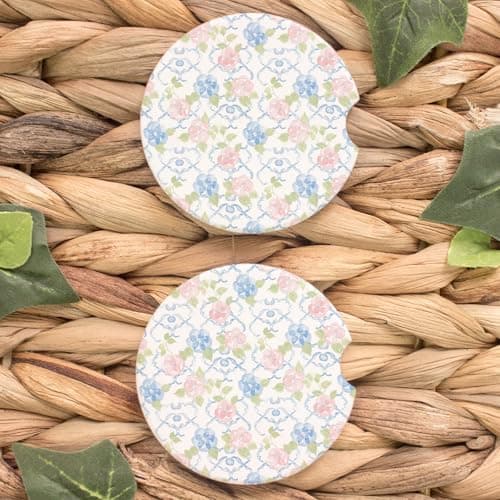 Image of Absorbent Ceramic Car Coasters 2.6" – Set of 2 Cute Floral Stripe Cup Holder Coasters with Finger Notch, Pastel Cottagecore Car Accessories for Women