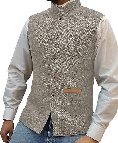 Image of Yiaisafa Mens Mock Neck Vests Tweed Waistcoats Stand-up Herringbone Retro Groomsman Lined Vintage Wool Wedding Hunting (Champagne,M)