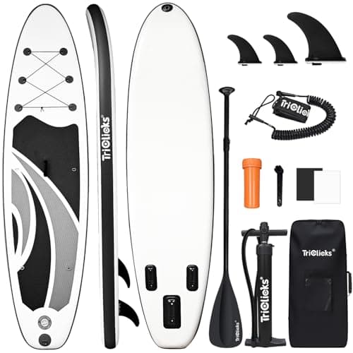 Image of Triclicks 10ft Stand Up Paddle Boards Inflatable SUP Board Surfboard - Beginner's Kit. Adjustable Paddle, Air Pump With Pressure Guage, Fin, Repair Kit, Premium Leash & Rucksack (Style 10)