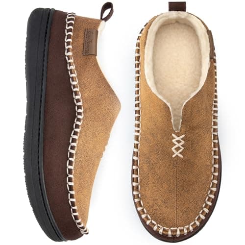Image of EverFoams Men's Micro Suede Memory Foam Moccasin Slippers with Fuzzy Sherpa Lining and Anti-skid Sole Tan Size 8 UK