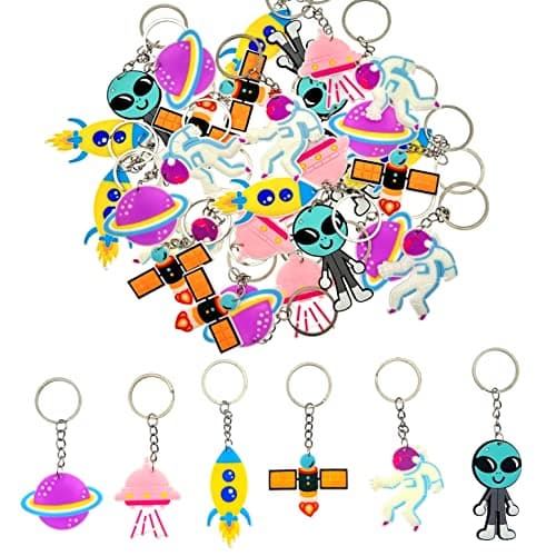 Image of JZK 30x Astronaut themed party decorations, space accessories, UFO Alien Rocket keyrings set, children’s birthday favours, kids thank-you gifts