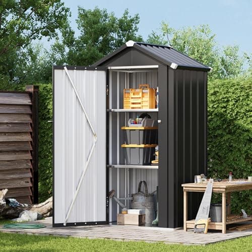 Image of Aoxun 3 x 2ft Metal Garden Shed with Base & Adjustable Shelves, 160cm High Outdoor Storage Shed with Lockable Door, Weatherproof Tool Shed, Space-Saving Garden Cabinet for Patio, Garage, Backyard