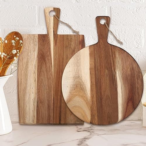 Image of Hsei 2 Pcs Acacia Wood Cutting Board with Handle Wooden Charcuterie Board Large Paddle Carving Chopping Set Butter Serving Tray for Cheese Meat Fruit Pizza Bread Baking(Classic Handle)