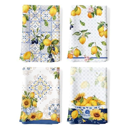 Image of Arquiel Lemon Floral Tea Towels 4Pcs 48 × 70 cm, 100% Cotton Soft Kitchen Towel Hand Towels Multiple Uses Quick Dry Dish Cloth for Kitchen, Anniversary,Wedding, Decoration