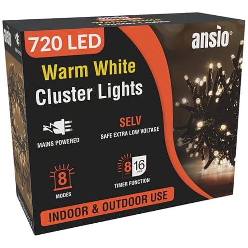 Image of ANSIO Christmas Lights 720 LED 9m/29ft Cluster Christmas Tree Lights for Indoor & Outdoor Warm White Decorations Fairy Lights with Timer for Xmas Garden Bedroom & Party | Mains Powered Green Cable