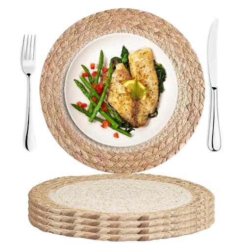 Image of Hojalis Round Woven Placemats Set of 4, 30cm Natural Braided Table Mats for Dining, Kitchen Decor, Handmade Burdock Grass & Corn Husk Place Mats, Boho Table Mats for Family Dinners, Party, Wedding