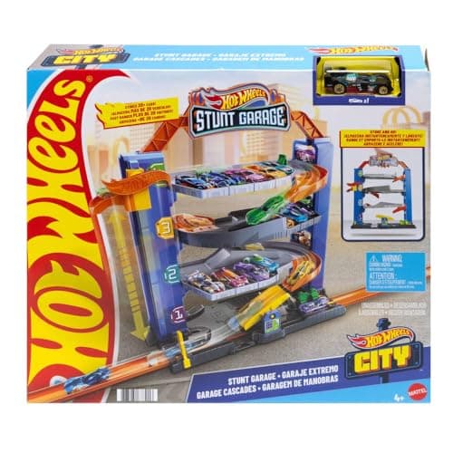 Image of Hot Wheels City Stunt Garage Play Set Gift Idea for Ages 3 to 8 years elevator to upper levels Connects to other sets, GNL70