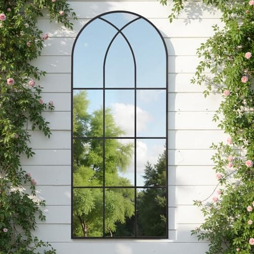 Image of Reflix Arched Window Mirror, 76x180 cm Full Length Mirrors for Decor Garden Outdoor, Distressed Gothic Wall Mirror with Aluminum Frame for Hallway,Living Room,Bedroom, Entryway, Black