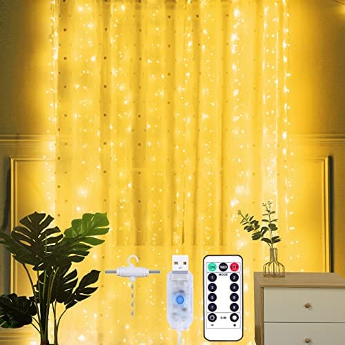 Image of Yizhet Curtain Lights 2m x 2m, 200 LED Curtain Fairy Lights with Hooks, 8 Modes, Warm White, USB Powered with Remote Control & Timer, IP65 Waterproof for Christmas Wedding Party