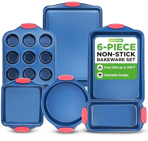 Image of NutriChef 6-Piece Bakeware Set, Nonstick Carbon Steel Kitchen Oven Baking Pans, Cookie & Muffin Sheets, Blue Coating with Red Silicone Handles, Durable & Oven Safe Baking Trays