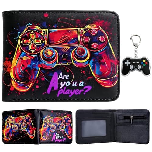 Image of yumcute Gaming Controller PU Leather Wallet for Men Women Teens, Bifold Short Wallet with ID Window, Coin Pocket & Card Holder Slots, Travel Essentials Gift for Gamers with Keychain