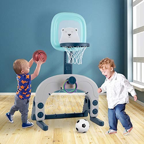 Image of Basketball Hoop Set, 3-in-1 Kids Basketball Stand Sports Activity Center Adjustable Easy Score Basketball Hoop, Football/Soccer Goal/Ring Toss, Best Gift for Toddlers Kids Boys & Girls