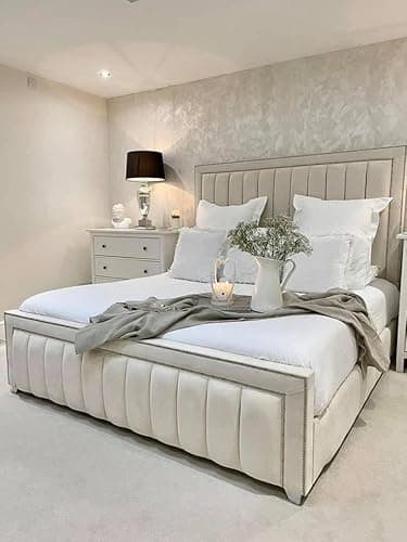 Image of Bespoke Chesterfield Border Panel Bed Frame - UK made - Single/Double/King/Super King Size Plush Velvet Fabric Upholstered (White Plush, King size 5ft)