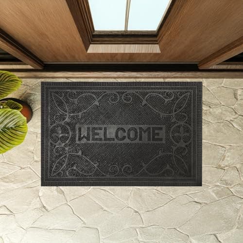 Image of Garden Mile Large Rubber Front Door Mat Outdoor Welcome Mat Heavy Duty Outside Door Matt Indoor Non Slip Rubber Back 40 cm x 60 cm Camping Coir Doormats Entrance Mat Floor Hallway