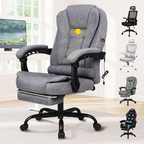 Image of ELFORDSON Massage Office Chair for Home Office, Desk Chair 77 cm High Back 150° Recliner Tilt Function Padded Swivel Fabric, Grey