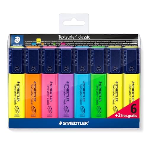 Image of STAEDTLER Highlighter Pens Multipack - Textsurfer - Chisel Tip - 7 Assorted Neon Colours + 1 Free Yellow - Pack of 8, 364 A WP8