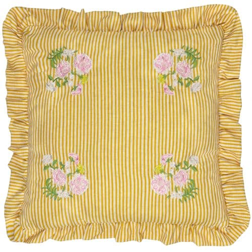 Image of furn. Wylder Martha Ruffle Polyester Filled Cushion – Country Cottage Floral Embroidered Striped Decorative Pillow (Yellow – 50x50cm)