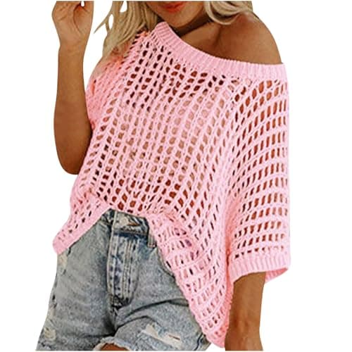 Image of Womens Y2K Crochet Fishnet Long Sleeve Top Off The Shoulder Jumper Going Out Oversized Knitted Cover Up Sweater Lightweight Baggy Hollow Out Pullover Tops Knitwear Summer Pink L