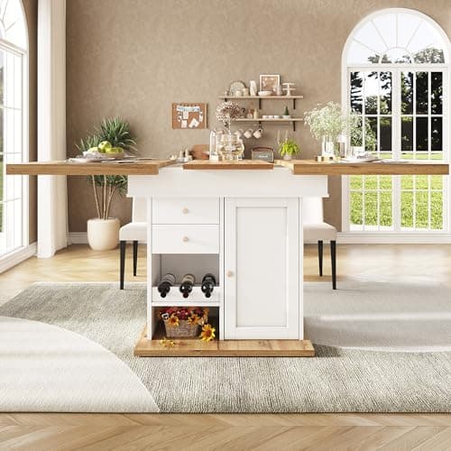 Image of Merax Dining table 110-140×80x75cm, Extendable Kitchen Table, elegant wood grain design,Door with spice racks,2Drawers and 3Wine Racks,solid table base, for 4-6 People, for Home&Office, Oka+White