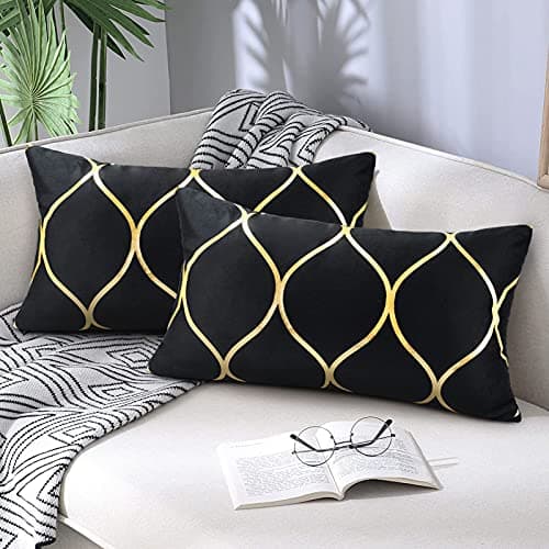 Image of Hanrunsi Cushion Covers Black 12 x 20 inch Set of 2 Lumbar Throw Pillow Covers 30 x 50 with Gold Decorative Pillows for Living Room Couch Sofa