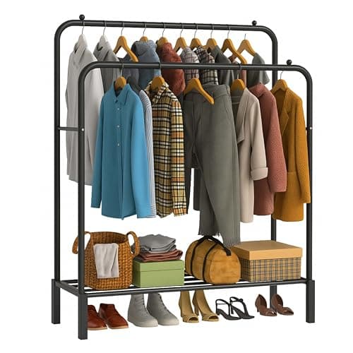 Image of DIVCHI Double Rail Clothes Rack Heavy Duty Freestanding Metal Garment Organizer Stand with Dual Hanging Bars & Bottom Storage Shelf & Hook for Bedroom Laundry Room & Entryway (Black)