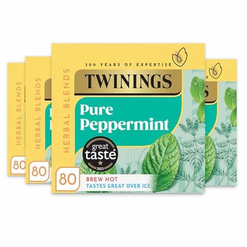 Image of Twinings Pure Peppermint Flavoured Tea Bags - 320 Biodegradable Bags (Multipack of 4 x 80)) | Caffeine and Sugar Free Herbal Tea for Digestion and Refreshment | Natural Peppermint Flavor