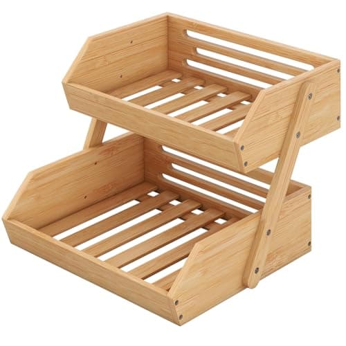 Image of CROWNSHOP 2-Tier Bamboo Fruits Basket Fruits Bowl Holder Bread Basket Vegetable Fruits Holder Organiser for Kitchen Home Decorative Storage