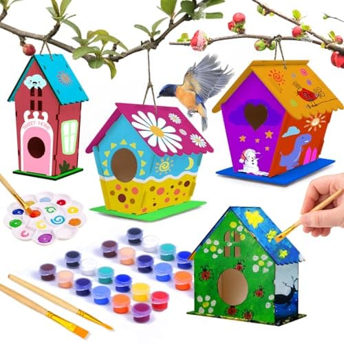 Image of hapray 4 Pack DIY Bird House Kit, Crafts for Children to Build and Paint Birdhouse (Includes Paints & Brushes) Wooden Arts for Kids Girls Boys Toddlers Gifts Halloween Christmas